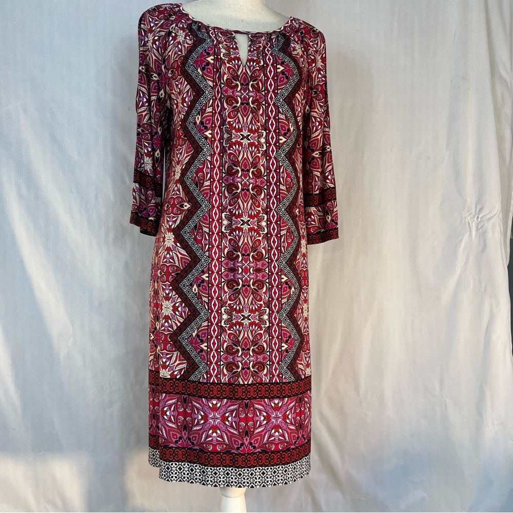 Suite 7 Dress Red & Pink Abstract Paisley Jersey 3/4 Cold Shoulder Sleeves 12P 👍